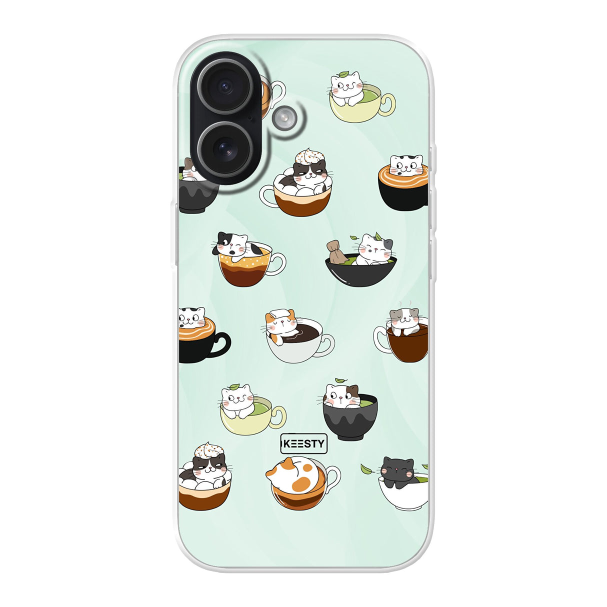 Schattig Cup Cat fotohoesje maken - mintgroen telefoonhoesje met katten in koffiekopjes patroon - eigen hoesje ontwerpen Keesty